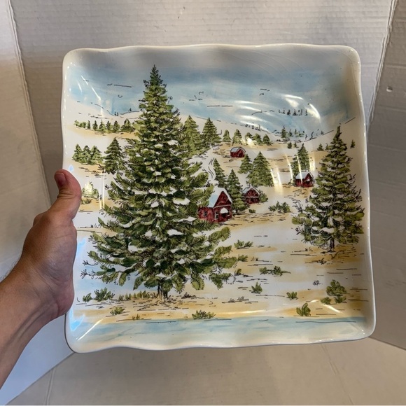 Maxcera SNOWVILLE Square Dinner Plate Winter Snowy Forest House Evergreen Set 2 - Picture 5 of 16